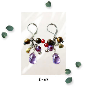 Lilac Glass Cluster Earrings - Gold Heart - Tigereye and Glass Teardrop